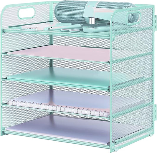 Letter Tray Paper Organizer 5-Tier Desk Organizer File Organizer Paper Holder with Handle, Metal Desktop Document Shelf Tray Office Classroom Organization - Blue by Sinboun