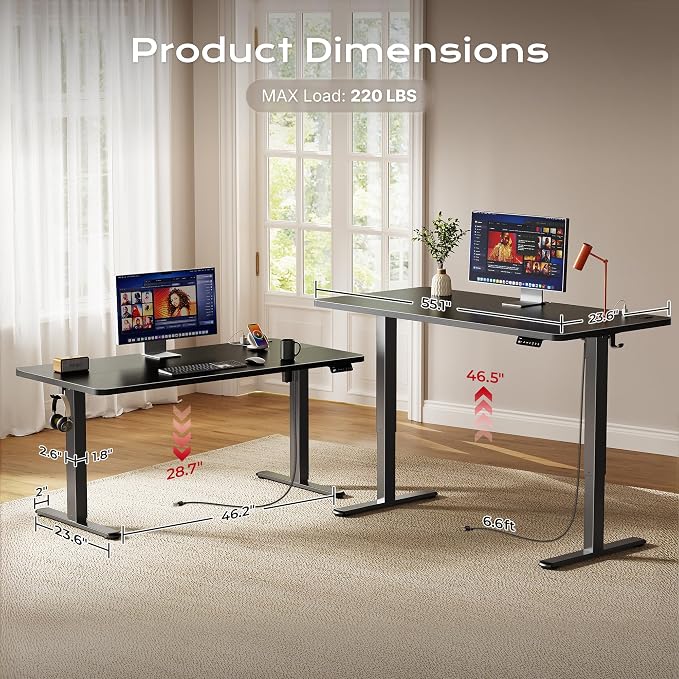 Huuger Electric Standing Desk with Power Outlets and USB-C Port, 55 X 24 Inch Height Adjustable Desk, Sit Stand Desk for Home Office, Computer & Gaming Desk with 4 Presets, Stable Steel Frame, Black - Image 5