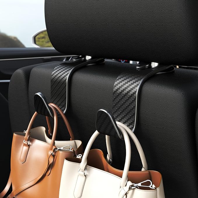 Amooca 4-Pack Car Headrest Hooks Vehicle Storage Organizer for Purses Handbags Groceries Coats –Holds 55lbs 360° Rotating Simple Design Black Checkered - Image 2