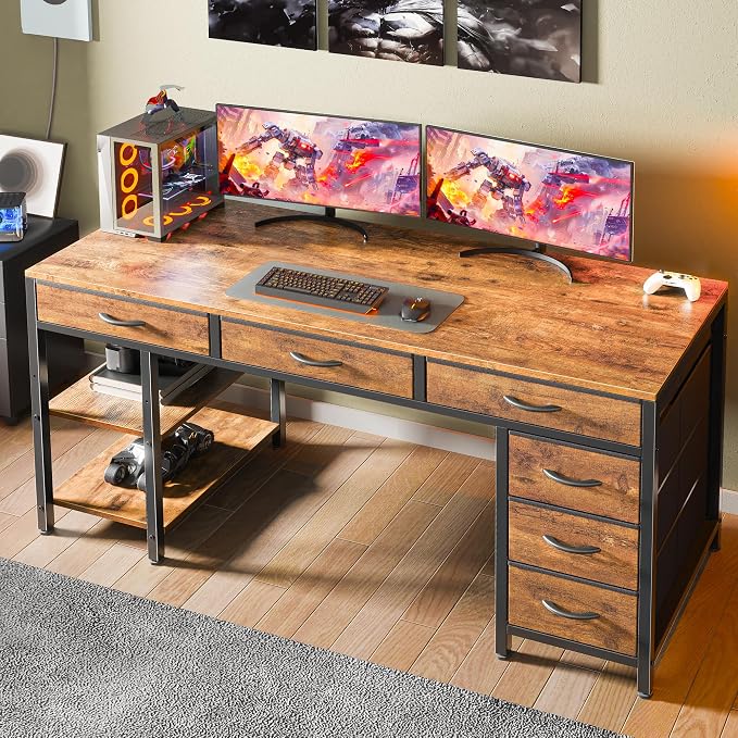 Huuger Computer Desk with 6 Drawers, Office Desk with Shelves, Reversible Gaming Desk, Corner Desk with Storage, Work for Home Office, Study, Living Room, 54inch, Rustic Brown - Image 2