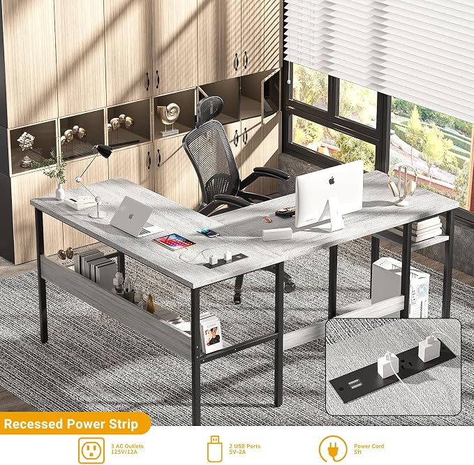 Unikito L Shaped Computer Desk with Magic Power Outlets and USB Charging Ports, Sturdy Reversible Corner Desk with Storage Shelves, Modern Work Desk for Home Office, Easy to Assemble, White Oak - Image 4