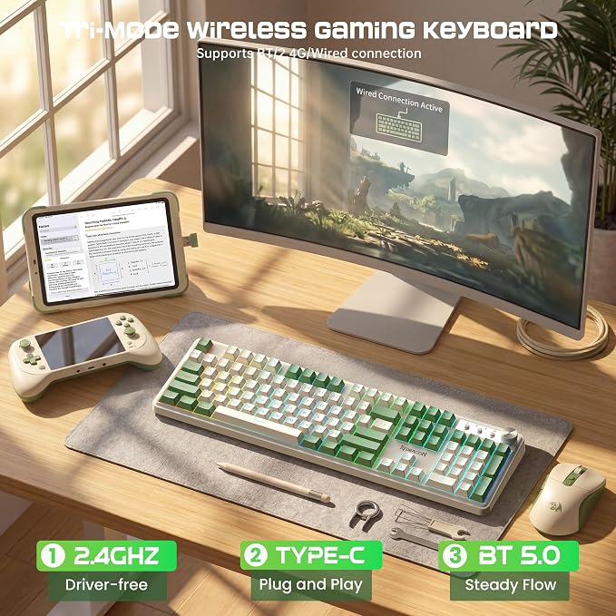 Redragon RM104 Wireless Gaming Keyboard with Knob, Tri-Mode BT/2.4G/USB-C RGB Computer Keyboards, 4000mAh Battery, Programmable Software Support, Anti-Ghosting, Compatible with PC Mac - White & Green - Image 3
