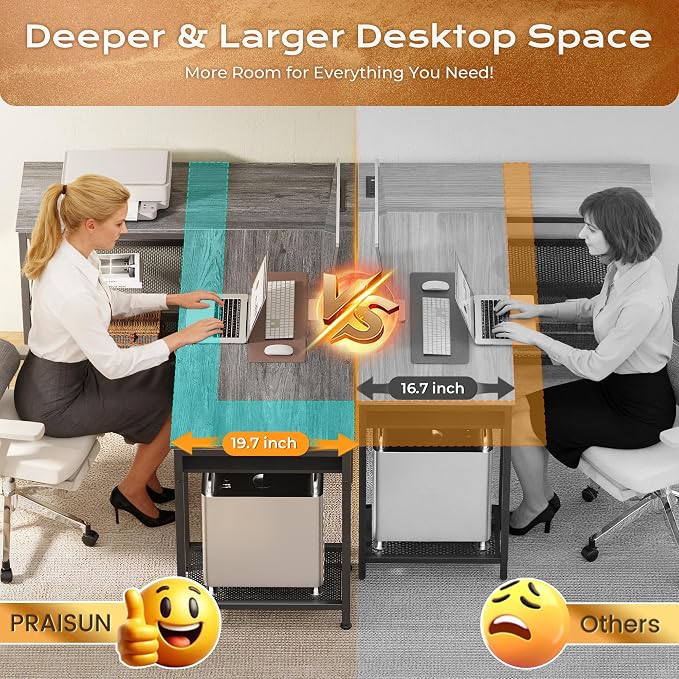 PRAISUN 55 Inch L Shaped Office Desk with Power Outlets and Type-C Port, Large Computer Gaming Desk with 3 Fabric Drawers, Mesh Shelves, Corner Study Work Writing Desk, Grey - Image 6