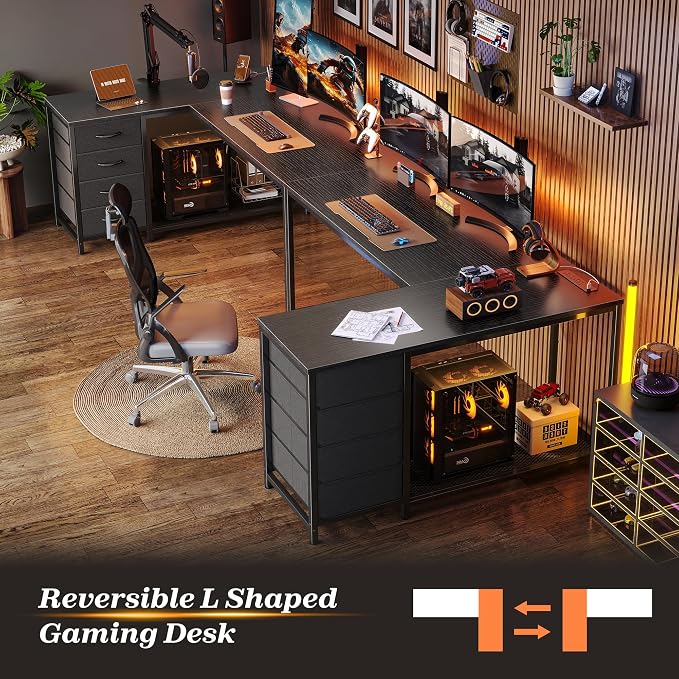 PRAISUN 53" L Shaped Desk with Power Outlets & USB-C Port, Reversible Computer Corner Office Desk with 4 Fabric Drawers and 2 Storage Shelves, Large Desk for Gaming Writing Work Study, Black - Image 9