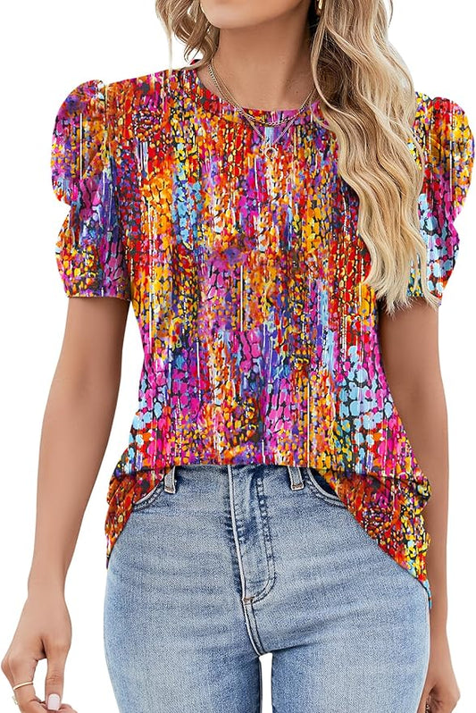 Ivicoer Puff Short Sleeve Shirt for Women Eyelet Tops Summer Crewneck Blouse Loose Fit S-XXL by Ivicoer