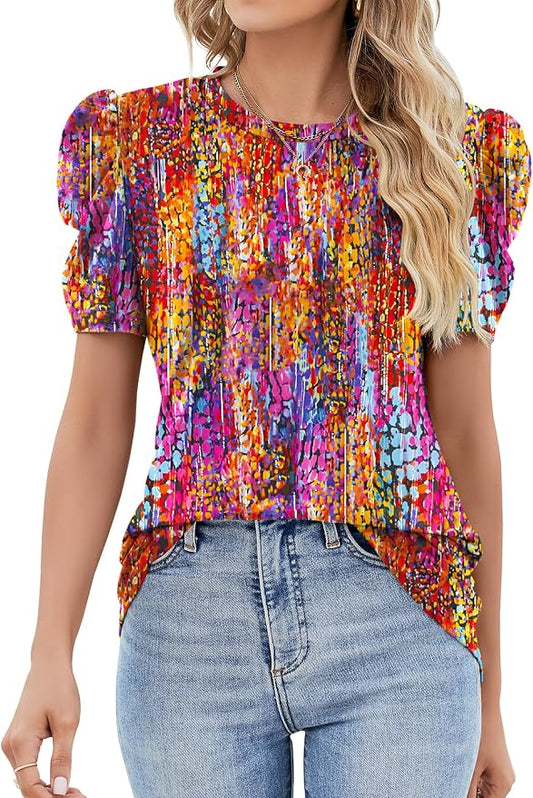 Ivicoer Puff Short Sleeve Shirt for Women Eyelet Tops Summer Crewneck Blouse Loose Fit S-XXL by Ivicoer