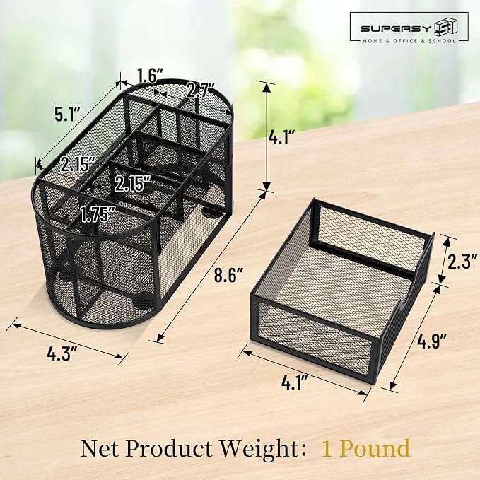 Mesh Desk Organizer with Drawer, 9-Compartment Pen Holder for Desk, Black | Pull-Out Drawer Stores Pens, Pencils, Clips, Notes, and Small Office or School Supplies in One Compact Desk Caddy - Image 3