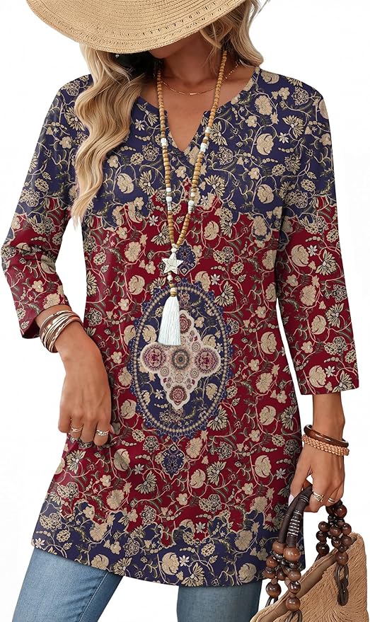 OFEEFAN Summer Boho Tops For Women 3/4 Length Sleeve Womens Tops Vacation Outfits by OFEEFAN