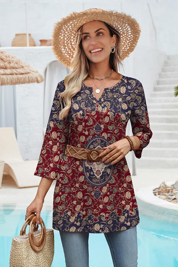 OFEEFAN Summer Boho Tops For Women 3/4 Length Sleeve Womens Tops Vacation Outfits - Image 4