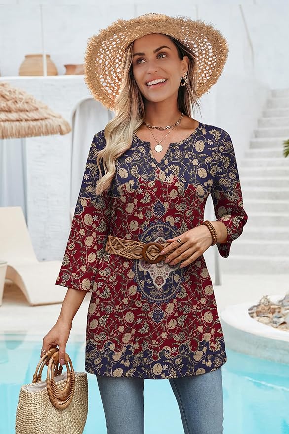 OFEEFAN Summer Boho Tops For Women 3/4 Length Sleeve Womens Tops Vacation Outfits - Image 4