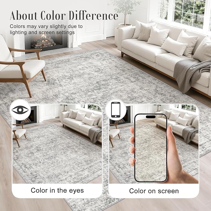 8x10 Area Rug Living Room Rug: Washable Modern Abstract Soft Thin Rug Indoor Floor No Slip Carpet for Bedroom Dining Room Farmhouse Nursery Home Office - Retro Black Grey - Image 5
