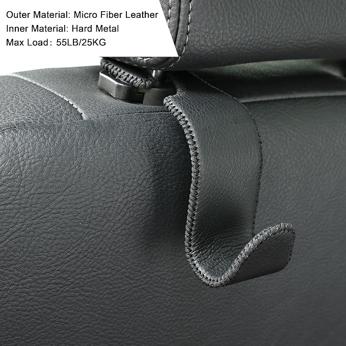 Amooca Car Seat Headrest Hook 4 Pack Metal Core Hanger Universal Car Storage Organizer for Handbag Purse Coat S Type Leather Black - Image 5