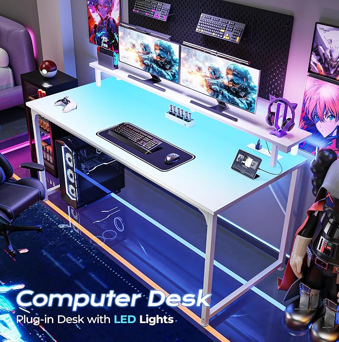 PRAISUN 48 inch Gaming Desk, LED & Power Outlets, Monitor Stand, White | Sturdy PC Desk for Home Office, Study & Work, LED Lights, 4 AC Outlets & USB-C Charging Station - Image 4