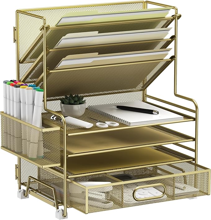 MINDEPOT 4-Tier Paper Organizer + 3-Pocket File Holder + Drawer + Pen Holders, Desktop File Organizers Paper Tray for Office Supplies School Classroom Organization (Gold, with Drawer & Pen Holder) by MINDEPOT