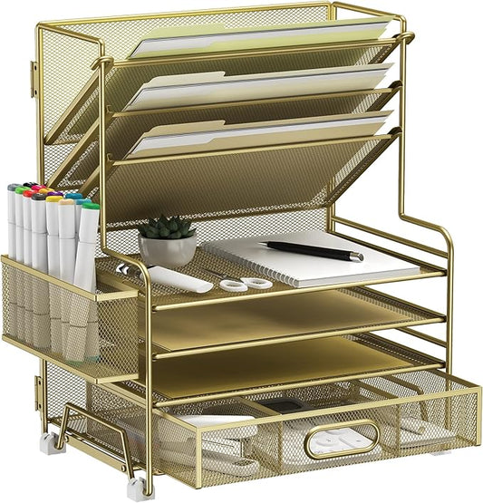 MINDEPOT 4-Tier Paper Organizer + 3-Pocket File Holder + Drawer + Pen Holders, Desktop File Organizers Paper Tray for Office Supplies School Classroom Organization (Gold, with Drawer & Pen Holder) by MINDEPOT
