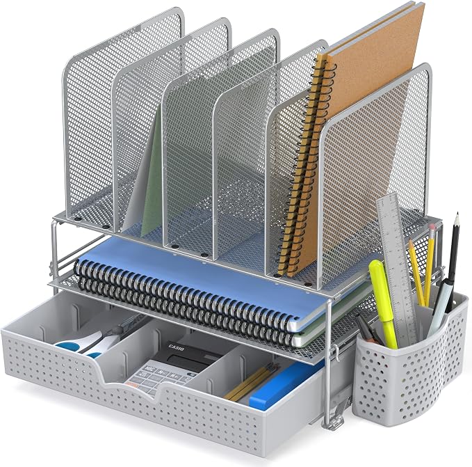 Simple Houseware Desk File Organizer for Office Supplies w/Drawer, Silver | Double Tray, Pencil Holder, and 5 Upright Sections with Sliding Drawer - Image 5