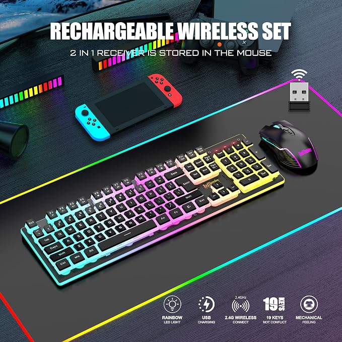RedThunder K10 Wireless Gaming Keyboard and Mouse Combo, RGB Backlit Rechargeable 3800mAh Battery, Mechanical Feel Anti-ghosting Keyboard with Pudding Keycaps + 7D 3200DPI Mice for PC Gamer (Black) - Image 2