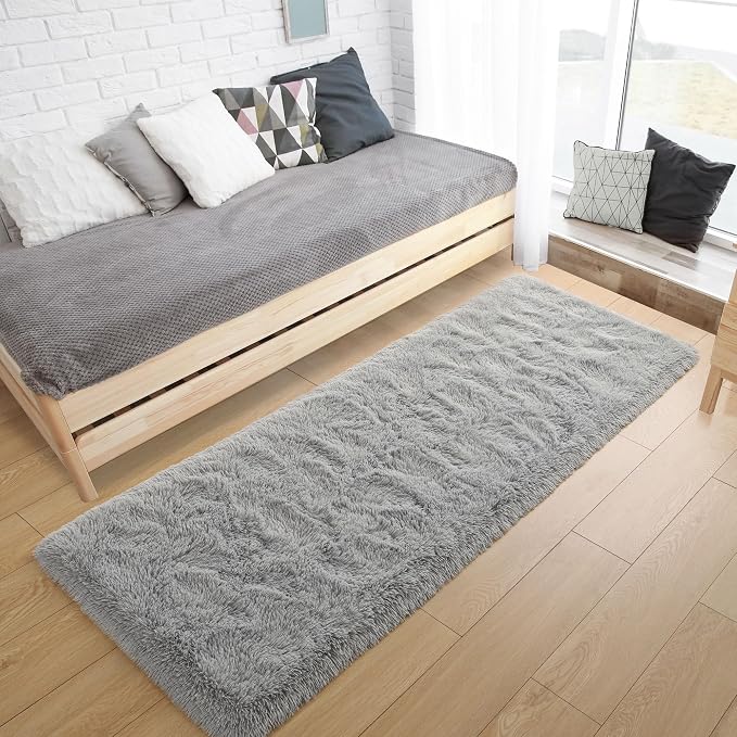 Tepook Soft Runner Rugs for Bedroom 2x6 ft with Rubber Backing, Grey Fluffy Rugs for Living Room, Shag Bedside Rug Fuzzy Plush Carpet for Room, Area Rug for Dorm Nursery Hallway Indoor Home Decor - Image 2