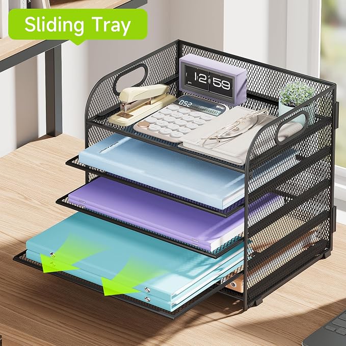 Cawukege 2 Pack 5 Tier Paper Organizer, Letter Tray with Handle, Mesh Desk Organizer, Metal File Organizer, Office Desk Accessories for Home, Office, Classroom, School -Black - Image 3