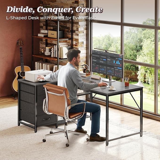 PRAISUN 43.3" Small Computer Desk with Power Outlets & USB-C Port, Reversible L Shaped Corner Office Desk with 4 Fabric Drawers and 2 Adjustable Storage Shelves, for Gaming Writing, Grey - Image 3