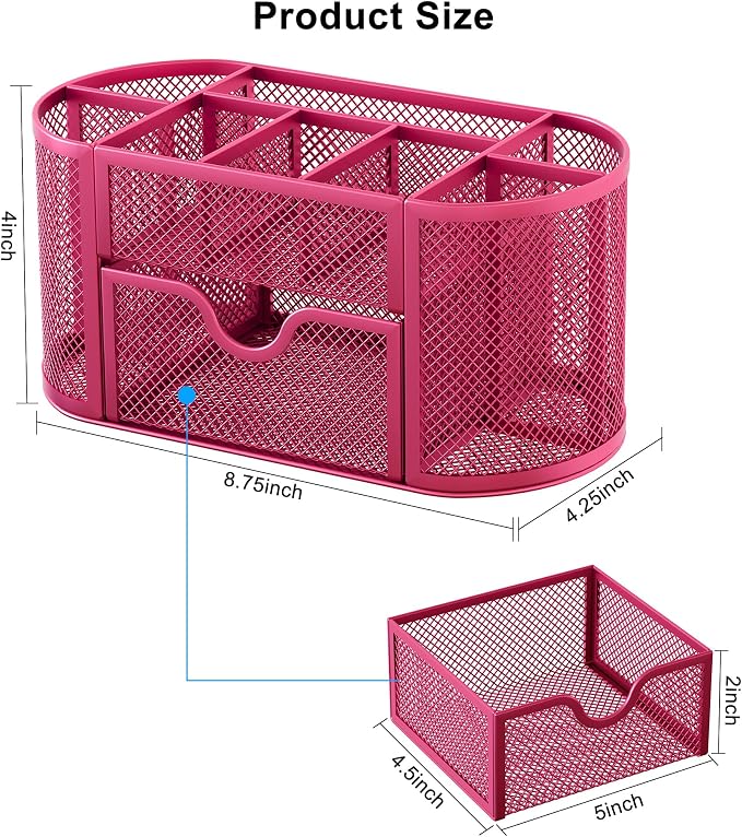 EasyPAG Mesh Pen Holder Desk Organizer with Drawer Stationery Supplies Organizer for Dorm School 9 Compartments Workspace Desk Accessories Organization for Office, Hot Pink - Image 8