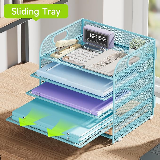 Cawukege 5 Tier Paper Organizer with Handle, Blue Metal Mesh Desk Organizer File Folder Paper Letter Tray Desktop Document Sorter for Classroom, School, Office Accessories Organization and Storage - Image 3