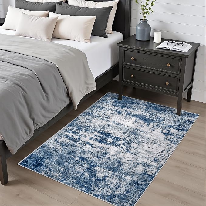 Washable Area Rug 3x5 Entryway Rug: Washable Modern Abstract Soft Thin Rug Indoor Floor No Slip Stain Resistant Carpet for Bedroom Dining Room Farmhouse Nursery Home Office - Blue - Image 2