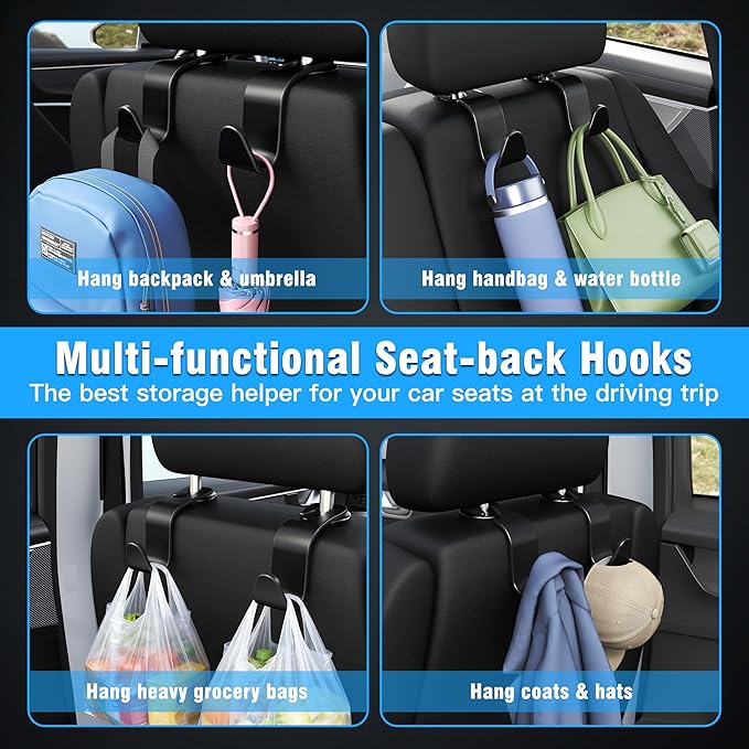 Amooca 4-Pack Car Headrest Hooks –Holds 55lbs Vehicle Storage Organizer for Purses Handbags Groceries Backpack Coats 360° Rotating Black - Image 3