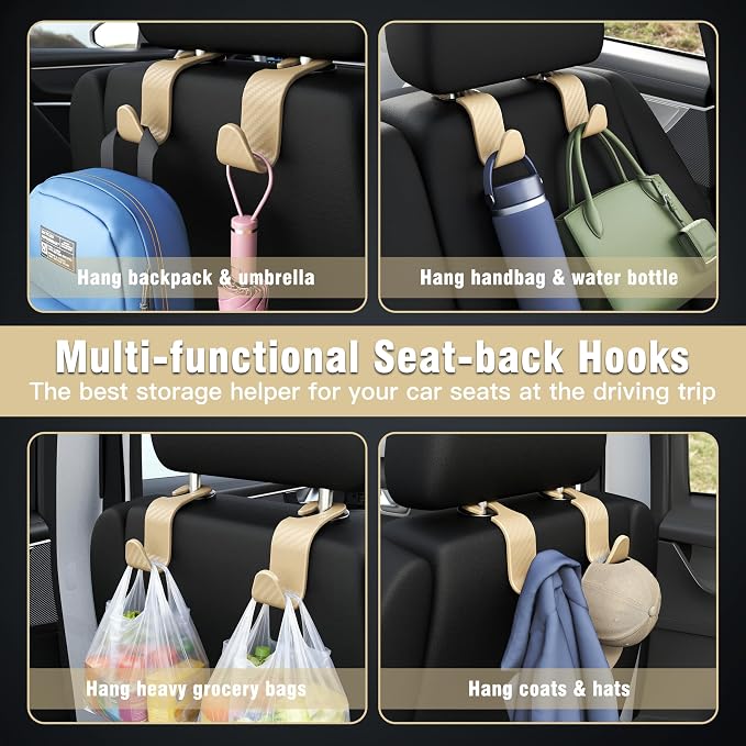 Amooca 4-Pack Car Headrest Hooks Vehicle Storage Organizer for Purses Handbags Groceries Coats – Heavy Duty 360° Rotating Simple Design Checkered Beige - Image 4