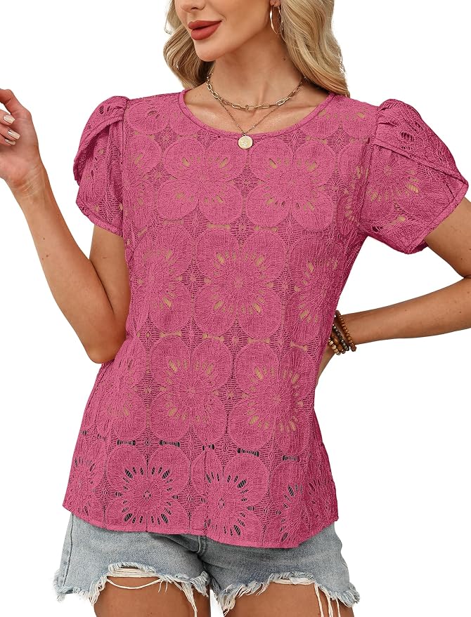 OFEEFAN Blouses for Women Dressy Casual Petal Short Sleeve Shirts Crochet Lace Boho Tops Spring Fashion Summer Outfits - Image 3