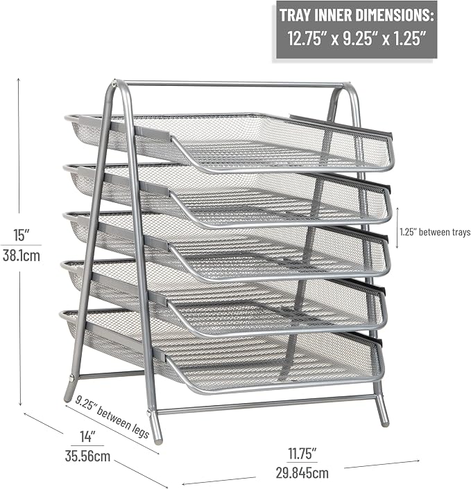 Mind Reader 5-Tier Paper Tray Organizer, Vertical Desktop File Storage Rack, Office, Metal Mesh, Silver - Image 3