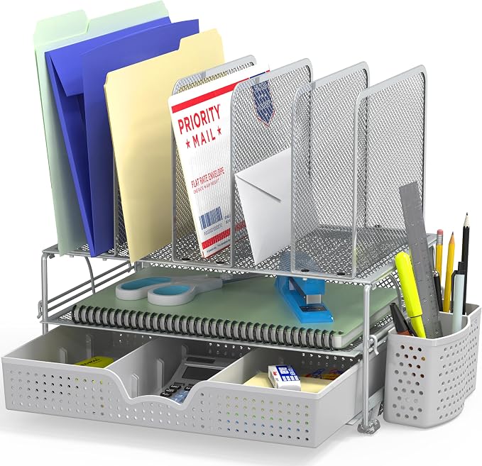 Simple Houseware Desk File Organizer for Office Supplies w/Drawer, Silver | Double Tray, Pencil Holder, and 5 Upright Sections with Sliding Drawer by SimpleHouseware