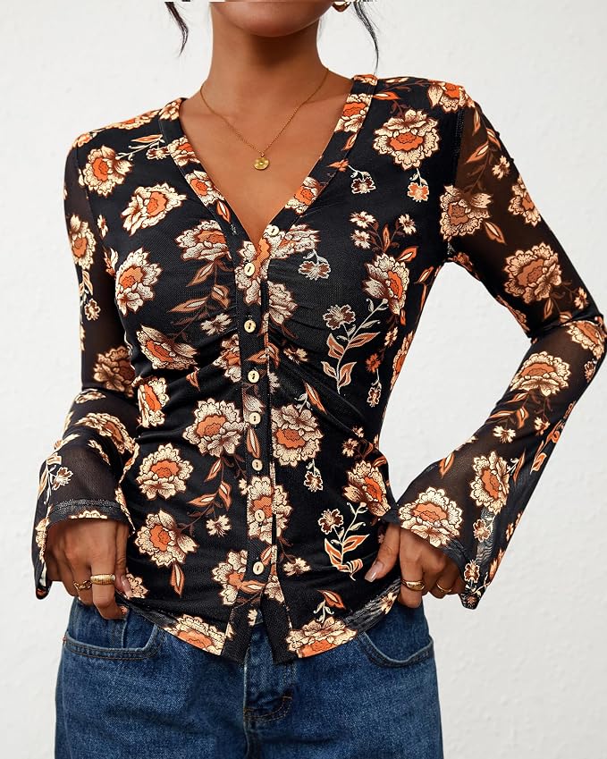 BTFBM Button Down Shirts for Women 2026 Fall Boho Tops V Neck Long Sleeve Blouses Ruched Mesh Fitted Fashion Clothing - Image 3
