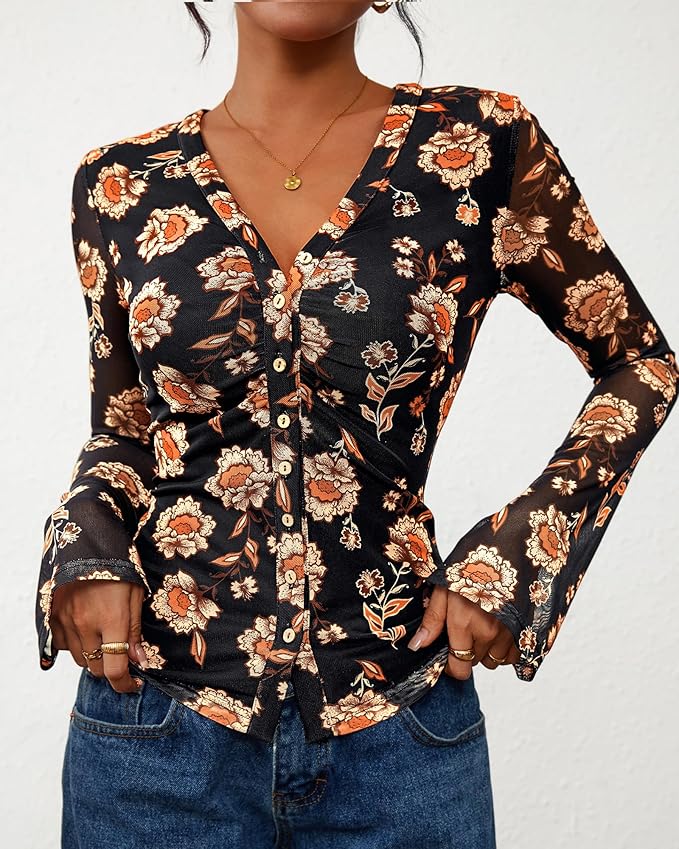 BTFBM Button Down Shirts for Women 2026 Fall Boho Tops V Neck Long Sleeve Blouses Ruched Mesh Fitted Fashion Clothing - Image 3