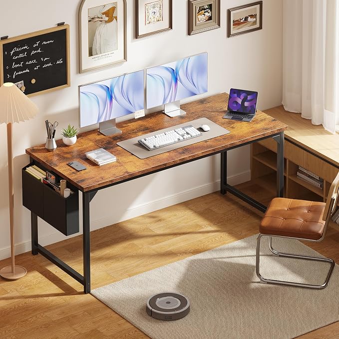 OLIXIS Computer Desk, 63 Inch Gaming Desks for Home Office Small Spaces | Writing Study Craft Work Table, Computer Workstation for Bedroom with Storage Bag, Rustic Brown - Image 7