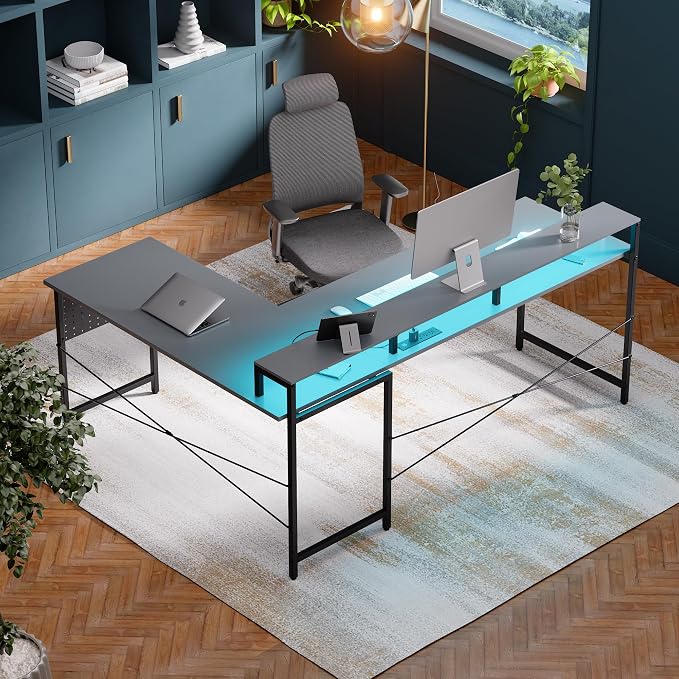 Pamray 64 Inch L Shaped Gaming Desk with Monitor Stand and Power Outlets | Large Corner Computer Desk With Pegboard & Led Lights USB Charging Ports for Home Office Study and Writing Bedroom and Dorms - Image 2