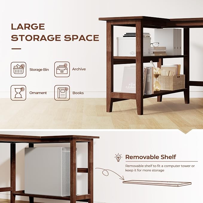 IOTXY Reversible L-Shaped Office Desk - 45" Compact Corner Computer Table with Storage Shelves, Solid Wood Legs, Writing & Study Workstation for Small Spaces, Walnut - Image 5