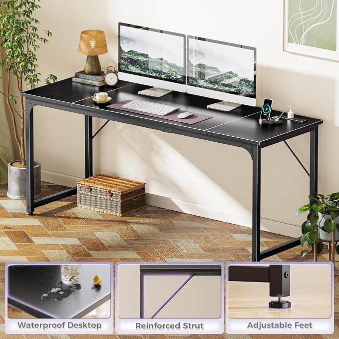 PRAISUN 70 X 24 Inch Computer Desk, Power Outlets, USB-C, Black | Office Desk with 4 AC Outlets, USB & USB-C, Sturdy Metal Frame, Spacious Desktop for Work, Writing, Study & Gaming - Image 8