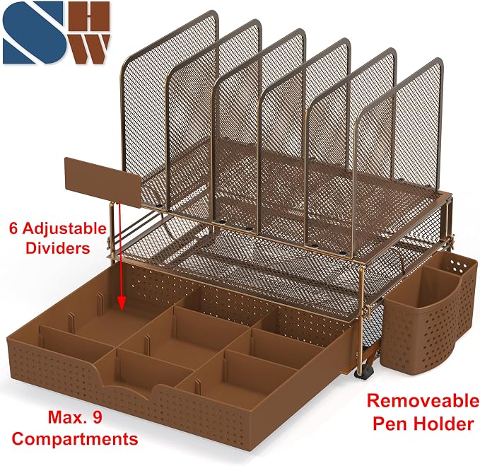 Simple Houseware Desk File Organizer for Office Supplies w/Drawer, Copper | Double Tray, Pencil Holder, and 5 Upright Sections with Sliding Drawer - Image 3
