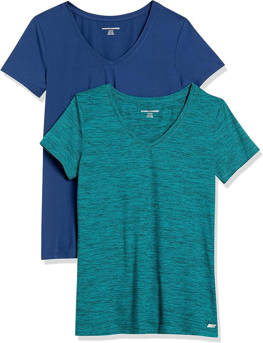 Amazon Essentials Women's Active Quick Dry Tech Stretch Short-Sleeve V-Neck T-Shirt (Available in Plus Size), Pack of 2 by AmazonEssentials