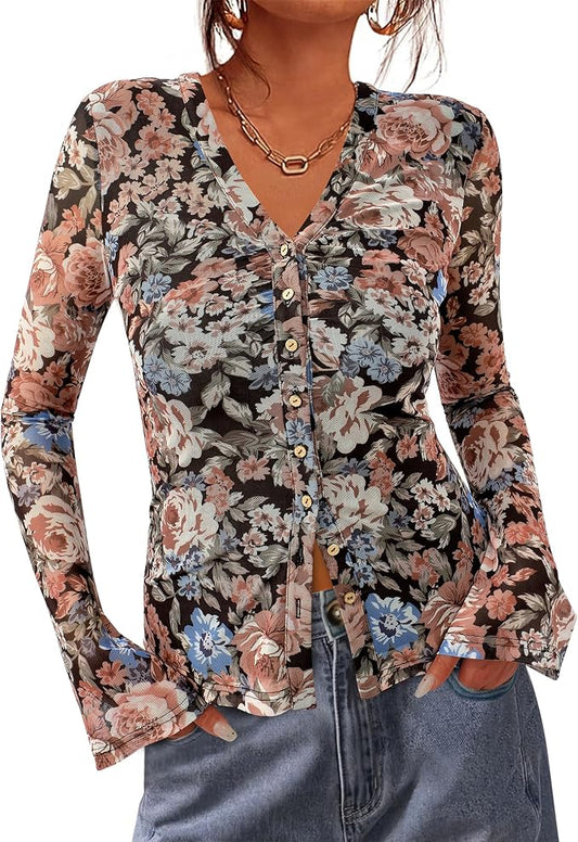 BTFBM Button Down Shirts for Women 2026 Fall Boho Tops V Neck Long Sleeve Blouses Ruched Mesh Fitted Fashion Clothing by BTFBM