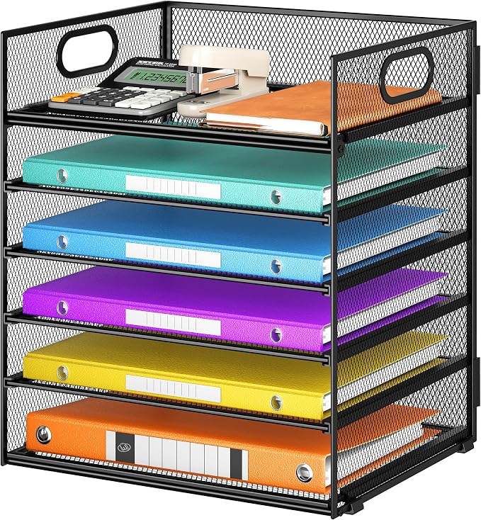 6 Tray Paper Organizer Letter Tray with Handle - Mesh Desk File Organizer, Paper Sorter Organizer for Office, Home or School File Folder Holder -Black by Lavatino