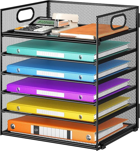 6 Tray Paper Organizer Letter Tray with Handle - Mesh Desk File Organizer, Paper Sorter Organizer for Office, Home or School File Folder Holder -Black by Lavatino