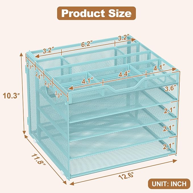 Docnest 5 Tier Desk Organizer with Hanging File Folder Holder&Tray, Blue | Features 3 detachable pen holders and 4 removable dividers.Versatile mesh desktop storage for mail, document,office supplie - Image 2