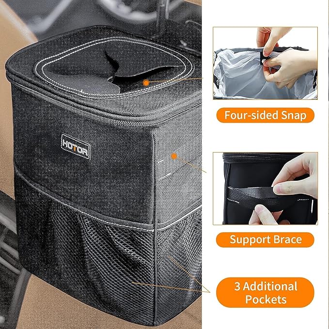 HOTOR 3 Gallons Car Trash Can, Ultra Large Capacity Organizer and Storage with Adjustable Straps & Magnetic Snaps, Waterproof Car Accessory for Interior Car Stuff Storage, Black - Image 7