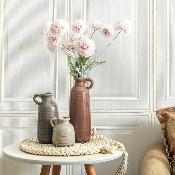 Ceramic Vases Set of 3, Neutral Rustic Farmhouse Vase with Handle, Decorative Flower Vases Home Decor Modern Boho Pampass Vase for Table Mantel Entryway Shelf Living Room Kitchen Bathroom - Brown - Image 8