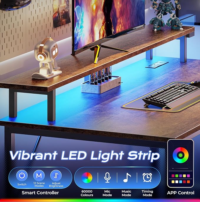 PRAISUN 40 inch Gaming Desk, LED & Outlets, Monitor Stand, Rustic Brown | Sturdy PC Desk for Home Office, Study & Work, LED Lights, 4 AC Outlets & USB-C Charging Station - Image 6