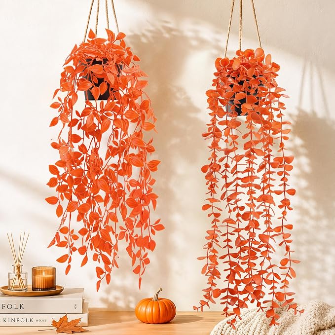Der Rose 2Pcs Fake Fall Hanging Plants for Home Bathroom Wall Outdoor | Orange artificial hanging plants for autumn decor accents, fall bathroom and kitchen decor, porch, patio and covered decor by DerRose