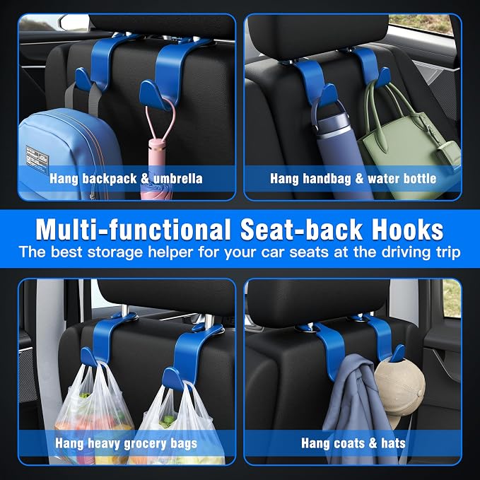 Amooca Car Seat Headrest Hook 4 Pack Hanger Universal Vehicle Car Storage Organizer for Handbag Purse Coat S Type Blue - Image 3