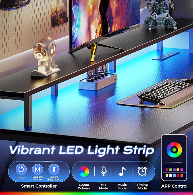 PRAISUN 55 inch Gaming Desk, LED & Power Outlets, Monitor Stand, Black | Sturdy PC Desk for Home Office, Study & Work, LED Lights, 4 AC Outlets & USB-C Charging Station - Image 6